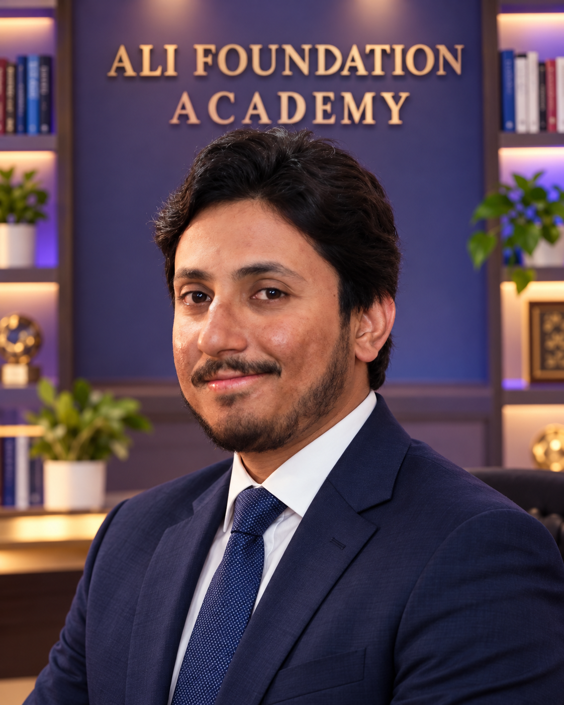 Sir Arif in professional attire against an academy-branded background